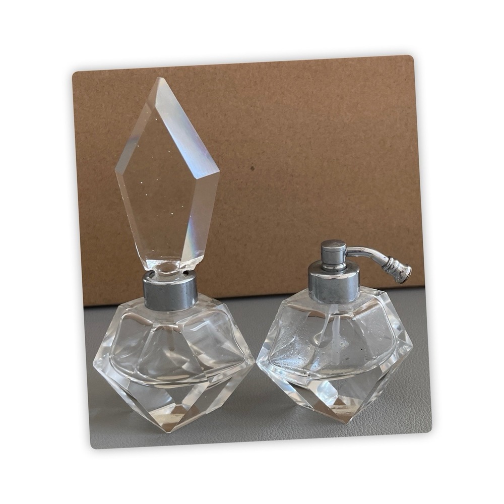 Vintage Hand Cut Crystal‎ Perfume Bottle Set Japan Stopper & Atomizer